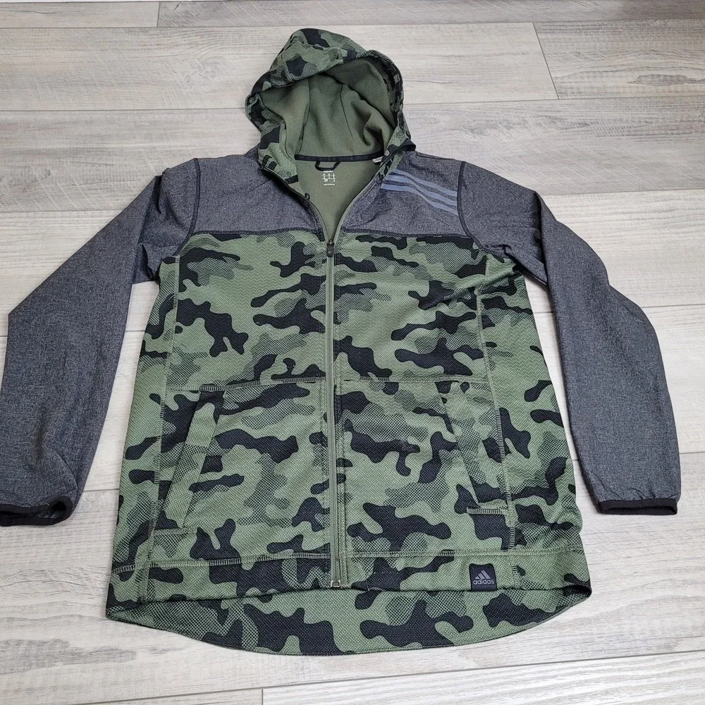 Adidas Men's Medium Camo Fleece-Lined Hooded Jacket – Full Zip Reflective Detail